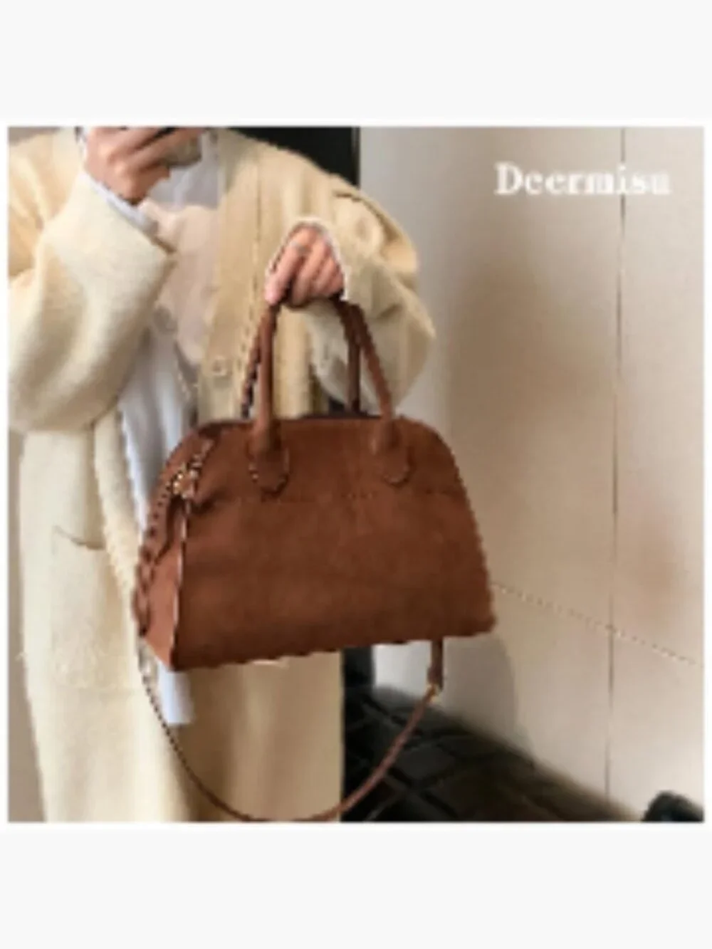 Faux Suede Tote Bag with Detachable Strap - Satchel Handbag